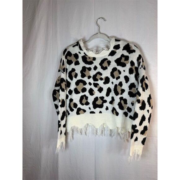 Just Polly Sweater Womens Small Ivory Leopard Print Distressed - Picture 7 of 11